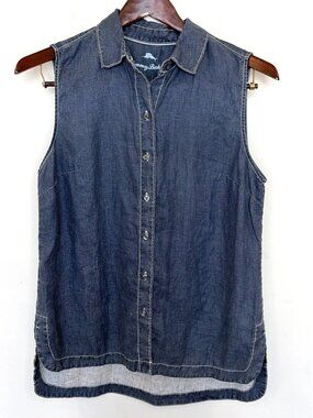 Tommy Bahama 100% Linen Sleeveless Shirt Womens M Blue Button Up Coastal